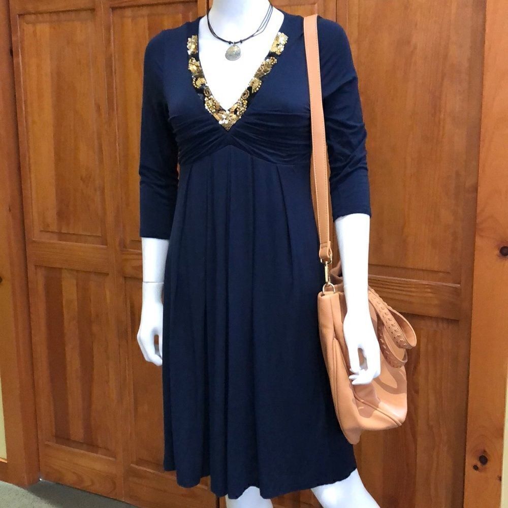 Velvet 3/4 Length sleeve V Neck Blue Dress
